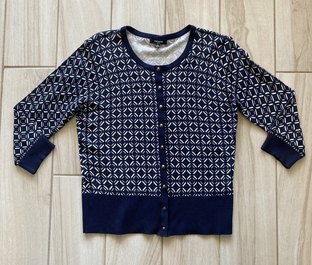 Premise Petite PM Navy White Geometric Button Snaps Cardigan Sweater NWT